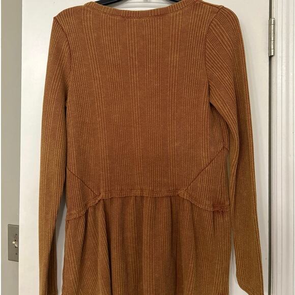 Guilded Intent Buckle Cotton Blend Brown Waffle Knit V Neck Peplum Hem Top New S - Picture 7 of 14